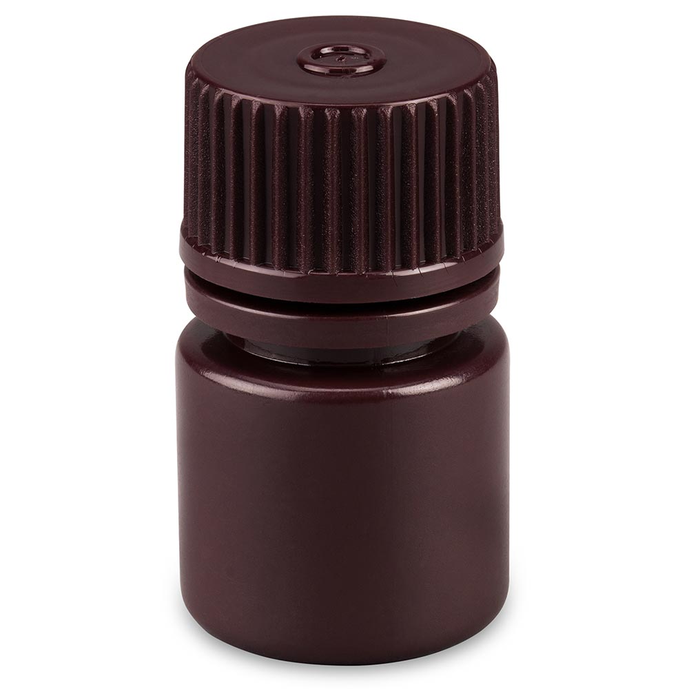 Globe Scientific Bottle, Narrow Mouth, Boston Round, Amber HDPE with Amber PP Closure, 8mL, Bulk Packed with Bottles and Caps Bagged Separately, 2000/Case Image